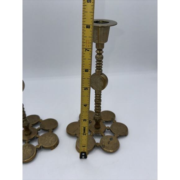 VTG BRASS CANDLE HOLDERS Set 2 ENGRAVED FLORALS. 8" CANDLESTICKS Mantle Decor - Picture 6 of 6